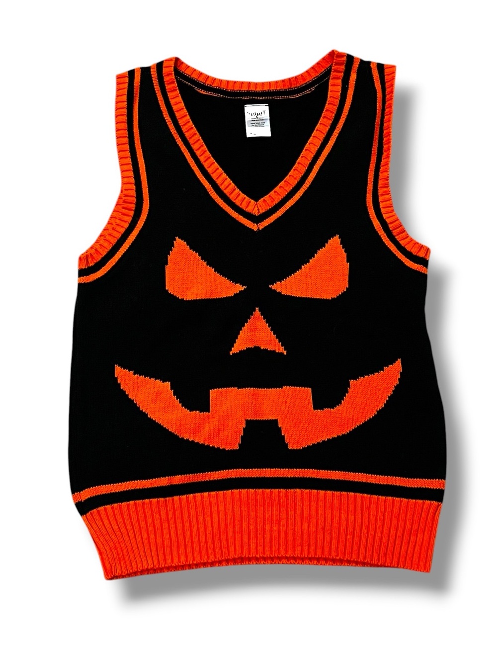 Spirit Halloween Sweater Vest Pumpkin Jack O Lantern Black Orange VNeck Pullover
